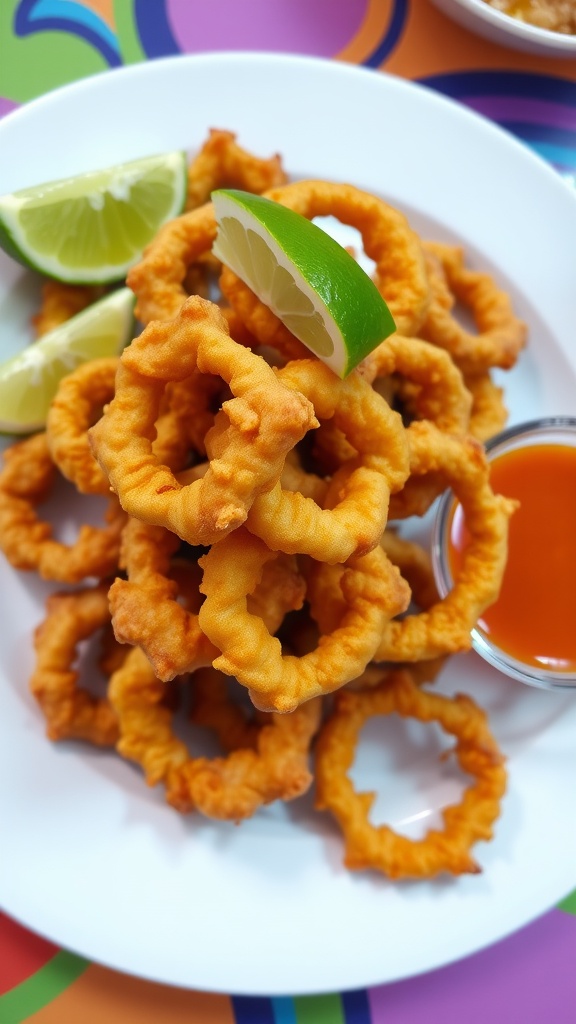 Crispy Mexican onion rings with lime wedges and dipping sauce, arranged on a colorful plate.